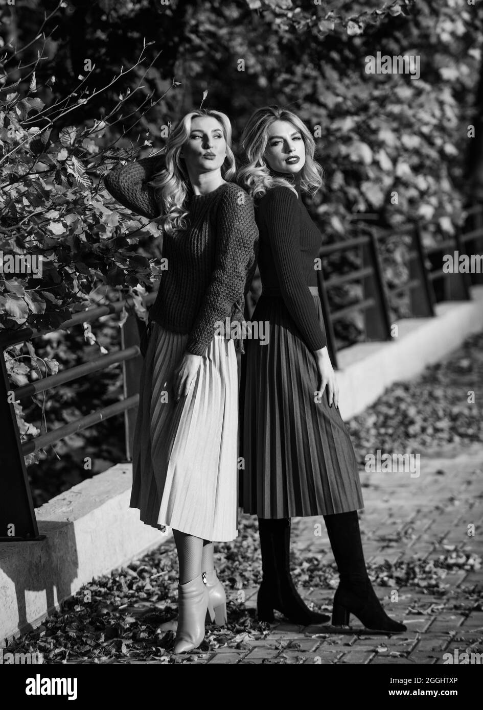godendo la vita. donne d'autunno all'aperto. amici di ragazza camminano nel parco. giorno di sole con foglie cadute. stagione di moda autunno. Tendenza pleated. Ragazze in corrugato Foto Stock
