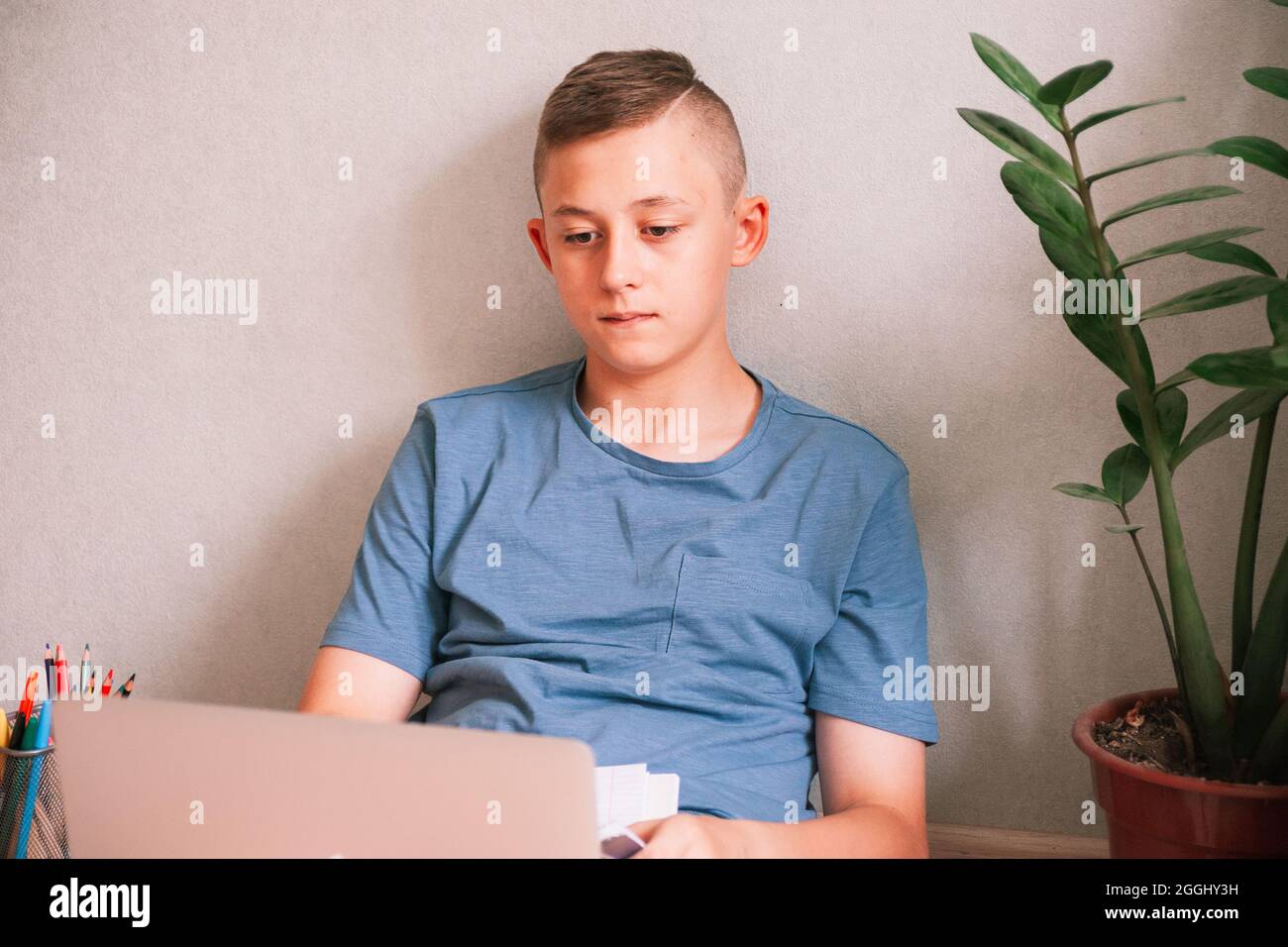 Ragazzo teen che guarda stiratamente lo schermo del computer Foto Stock