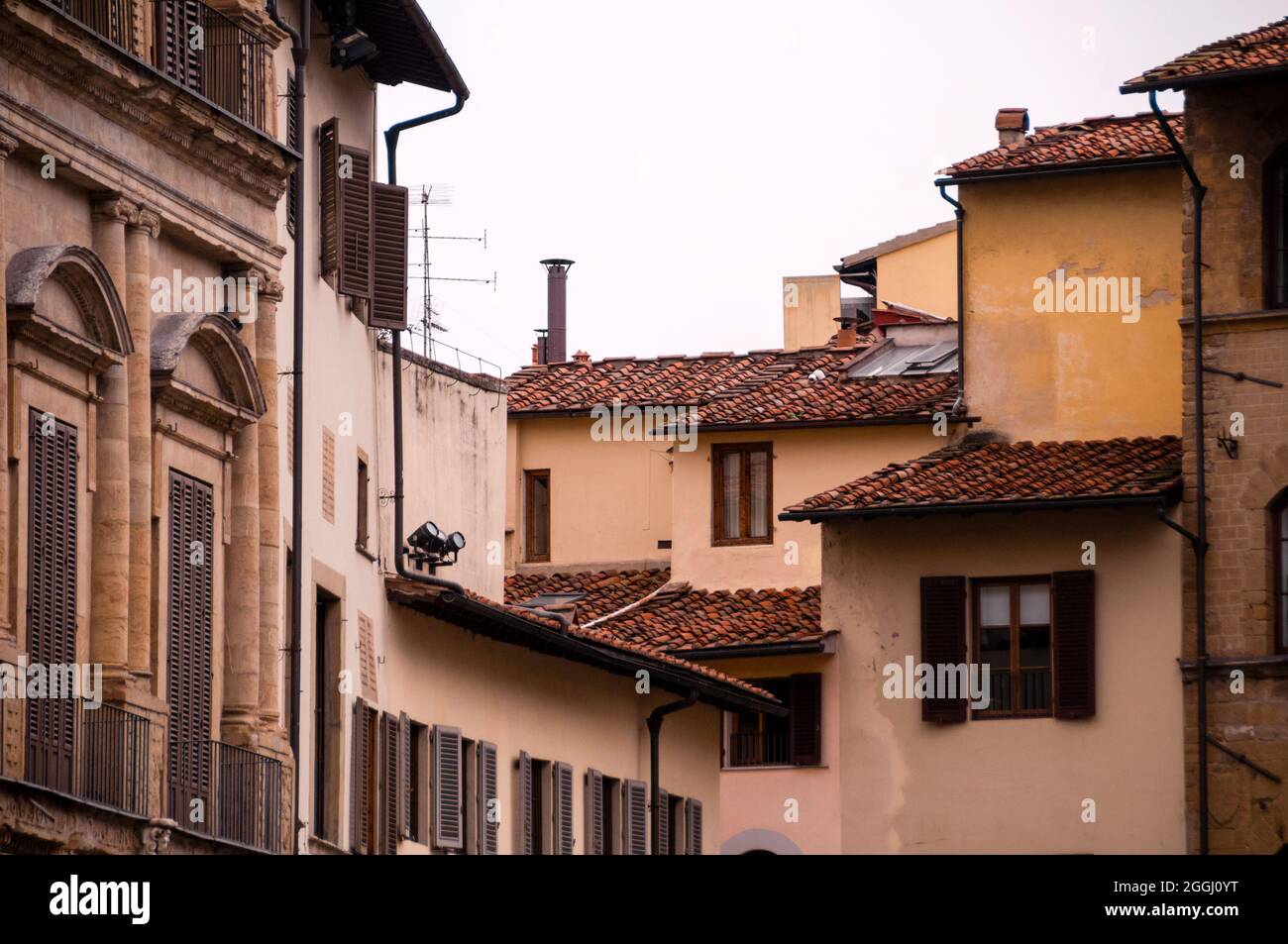 Pilasters di ordine ionico, frontoni ad arco, e tetti di terracotta o 'tetti' di case residenziali a Firenze, Italia. Foto Stock