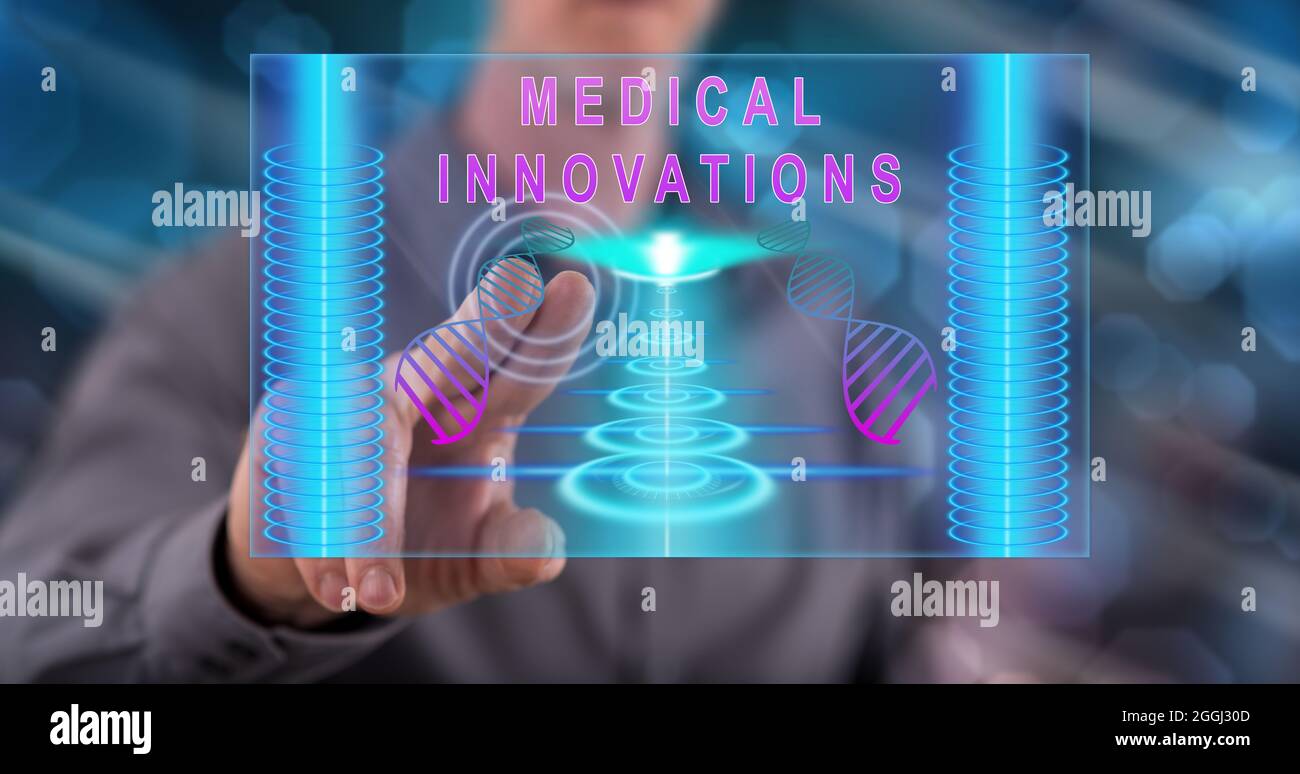 Uomo che tocca un concetto di innovazione medica su un touch screen con il dito Foto Stock