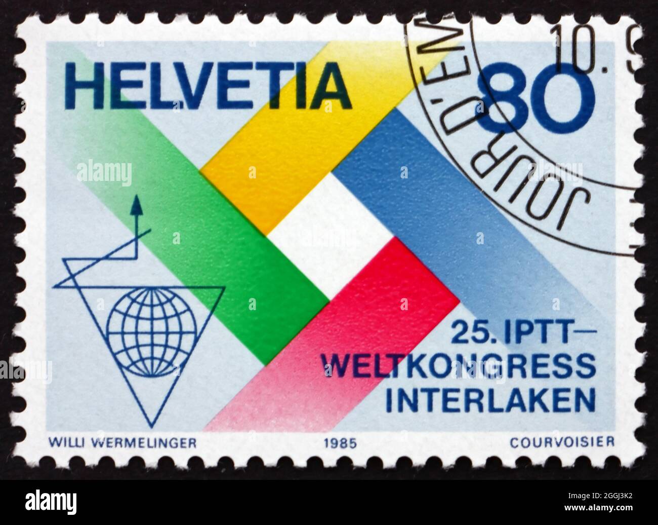 SVIZZERA - CIRCA 1985: Francobollo stampato in Svizzera dedicato al Congresso Internazionale delle poste, del telegrafo e del telefono, Interlaken, circa 19 Foto Stock