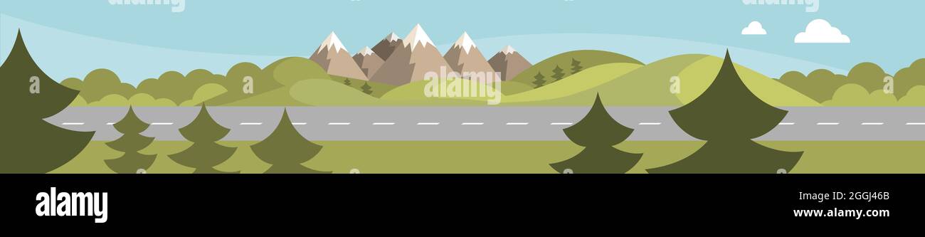 Strada e paesaggio di montagna. Fondo design piatto. Illustrazione vettoriale Illustrazione Vettoriale