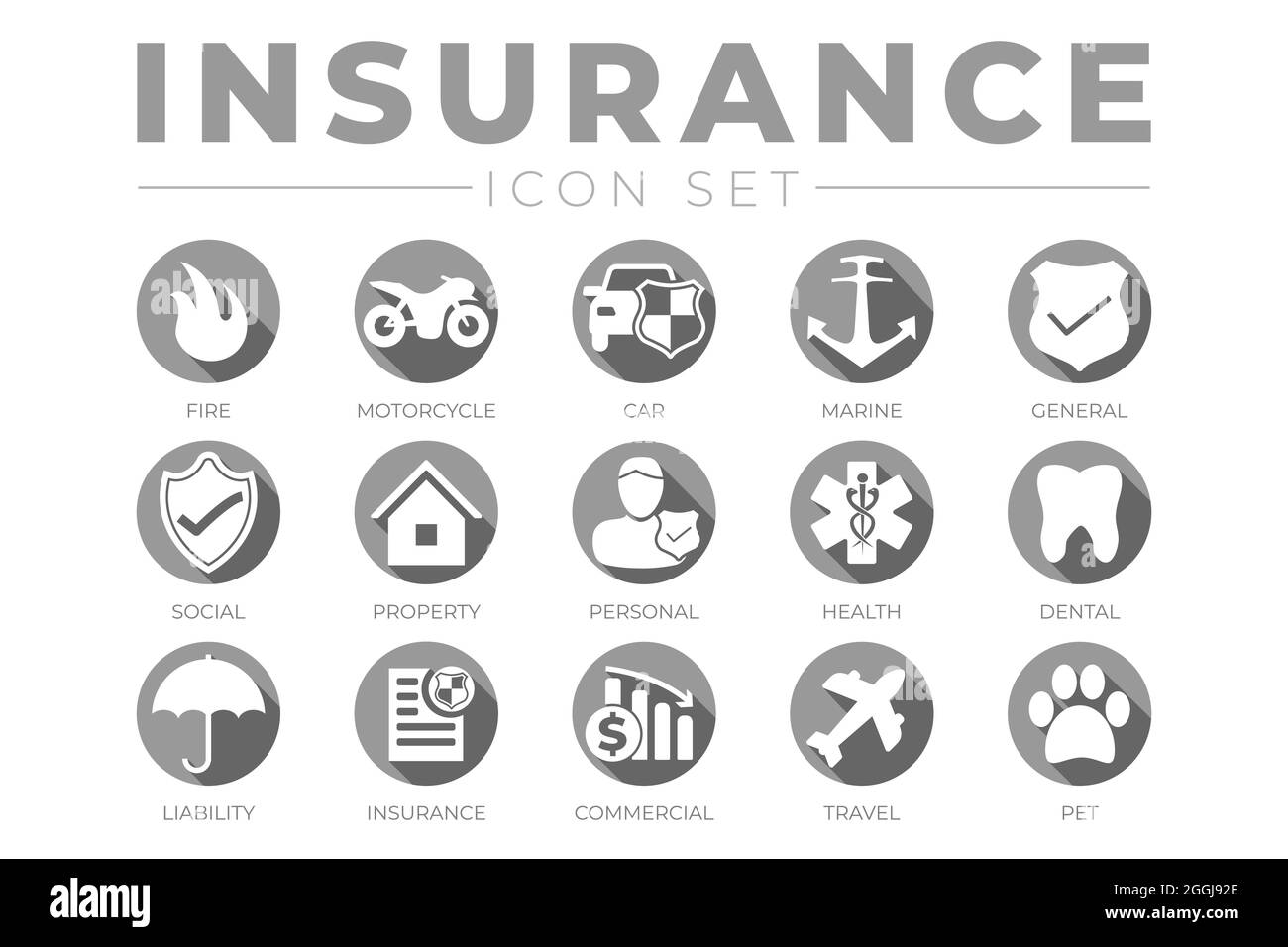 Tondo grigio Insurance icona Set con Auto, Proprietà, fuoco, vita, animale domestico, Viaggi, Dental, commerciale, Salute, Marina, Icone dell'assicurazione responsabilità civile Illustrazione Vettoriale