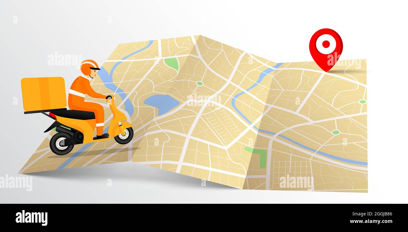 L'uomo sorridente che guida una moto con felicità su una mappa 3D piega e target point destinazione, per la consegna logistica trasporto e shopping online Foto Stock