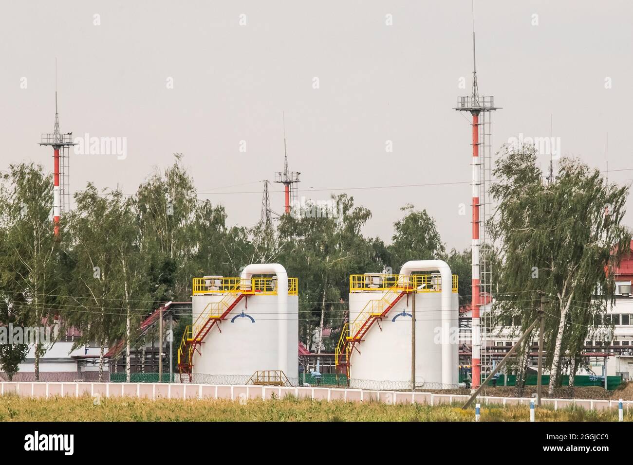 Serbatoi di stoccaggio dell'olio in una raffineria industriale. Oleodotto e produzione di olio. Foto Stock