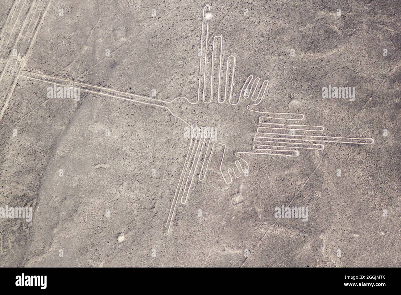 Vista aerea del geoglyphs vicino a Nazca famoso - Linee di Nazca, Perù. Nel centro, Hummingbird figura è presente Foto Stock