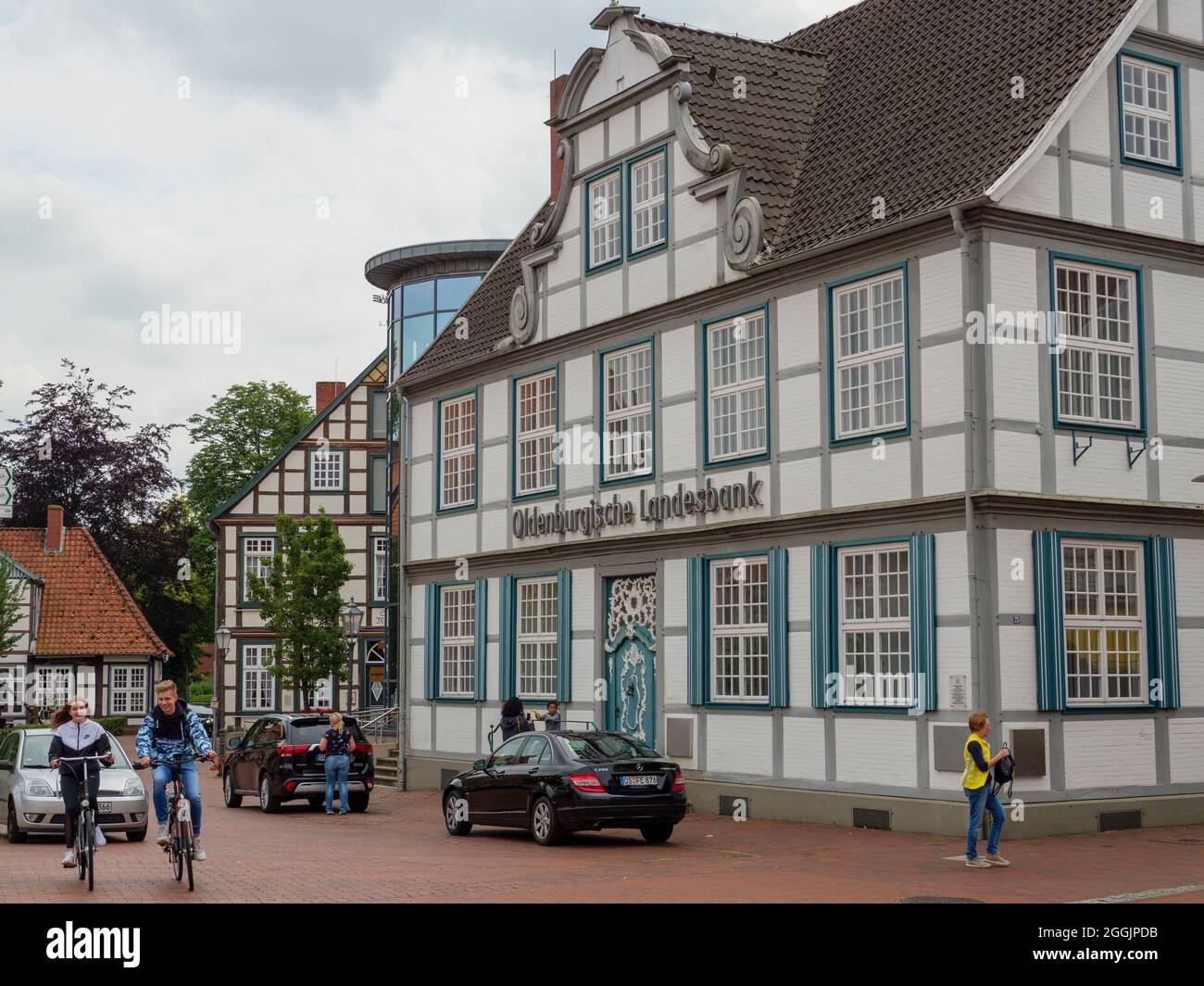 Quakenbrück, casa sulla piazza del mercato, Osnabrücker Land, bassa Sassonia, Germania Foto Stock