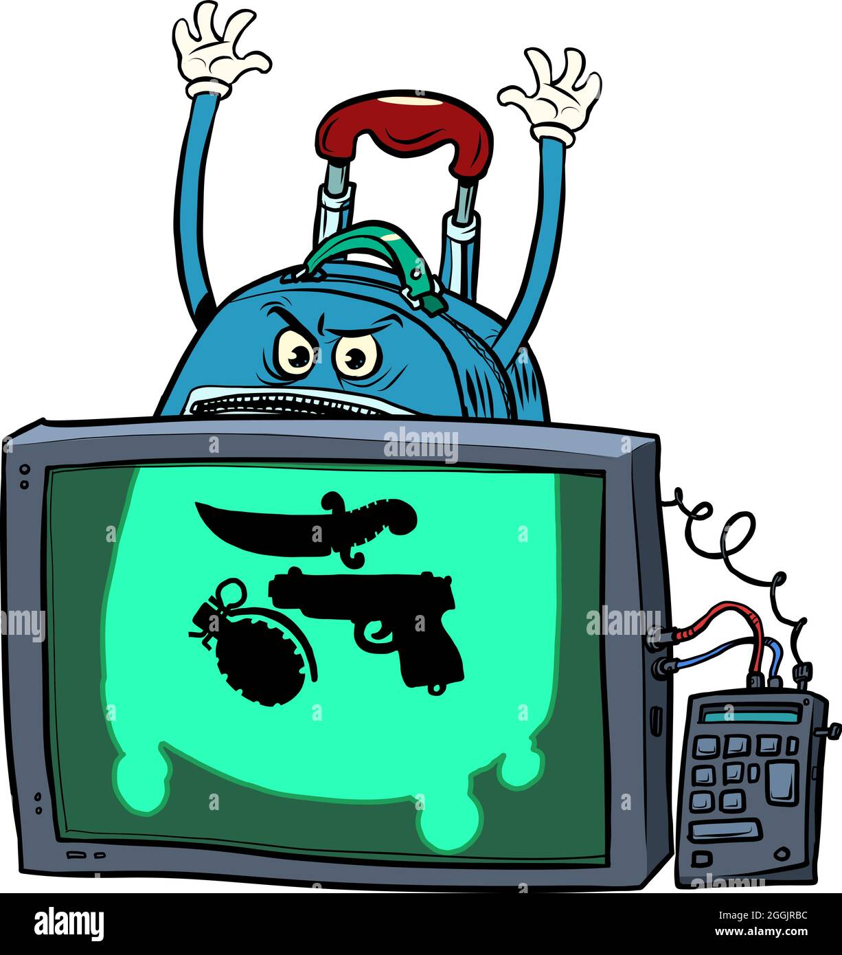 Divertente valigia turistica, oggetti vietati per il trasporto alla dogana. Radar controllo confini. Armi e terrorismo Illustrazione Vettoriale