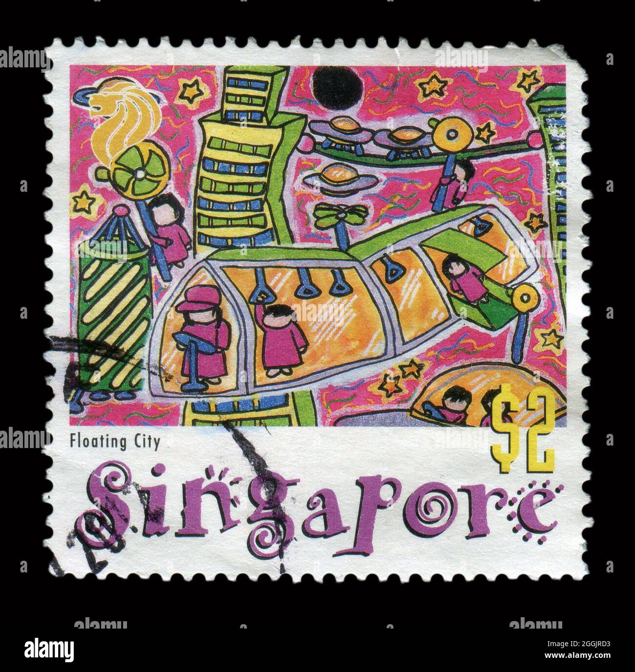 Il francobollo stampato a Singapore mostra l'immagine della città galleggiante. Foto Stock