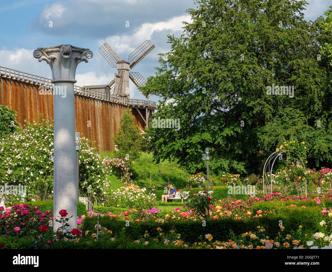 Rudi-Wernemann-Rosengarten, nuova torre di laurea, giardini termali di Bad Rothenfelde, Osnabrücker Land, bassa Sassonia, Germania Foto Stock