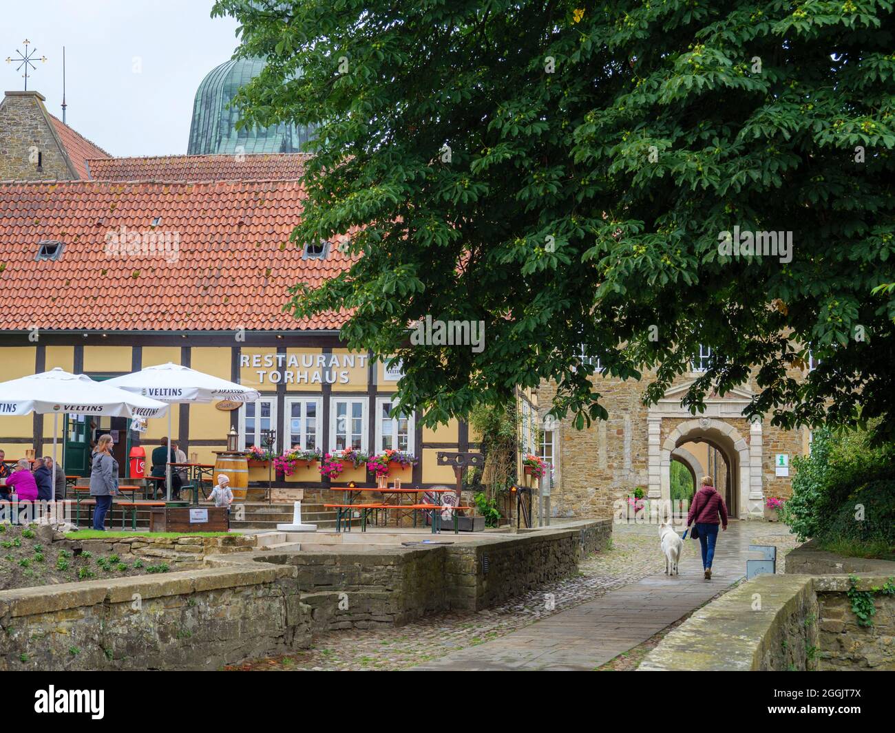 Ristorante Torhaus, Castello di Fürstenau, Artland, Osnabrücker Land, bassa Sassonia, Germania Foto Stock