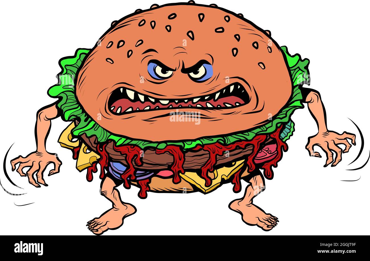 Arrabbiato affamato personaggio hamburger. Fast food emotivo. Isolare su sfondo bianco Illustrazione Vettoriale