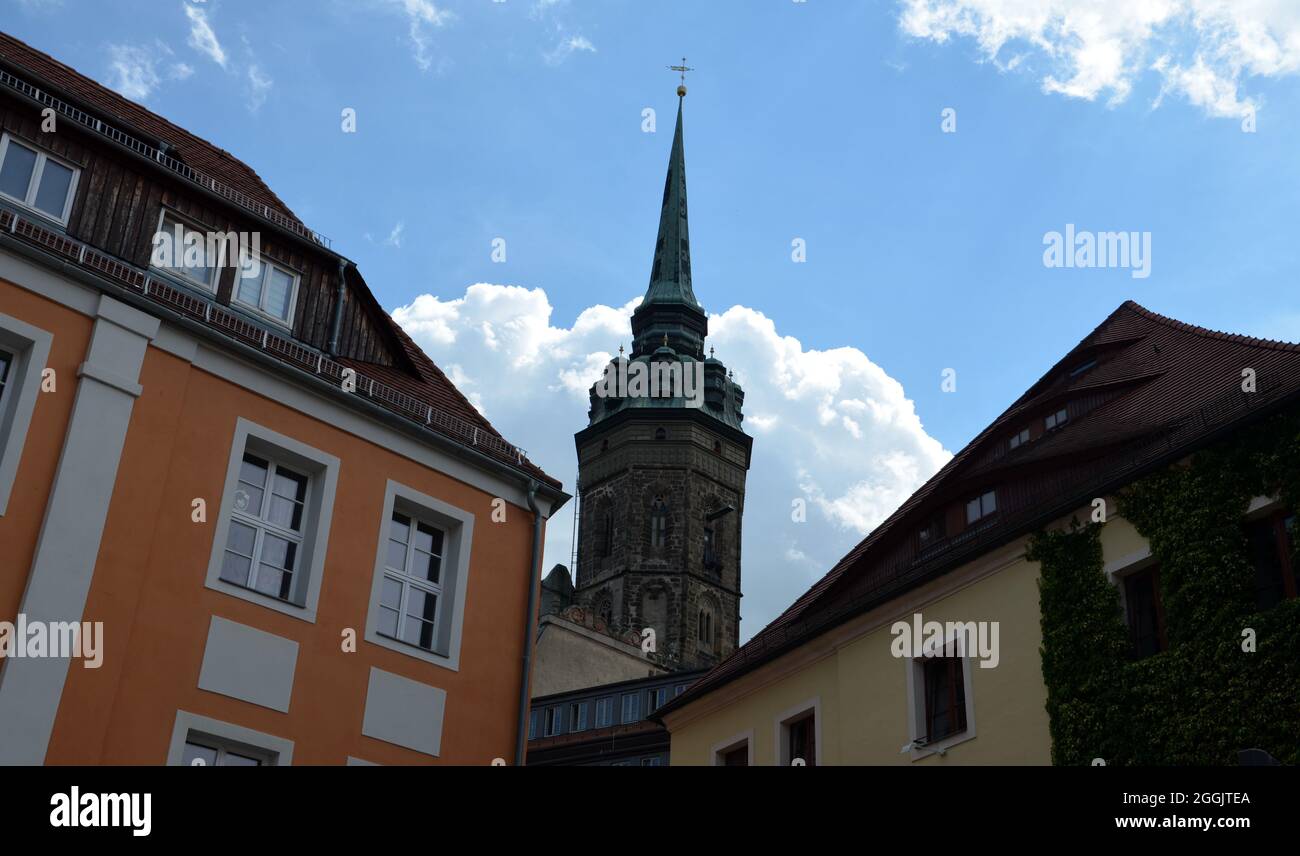 Vista su una vecchia torre della città di Bautzen Foto Stock