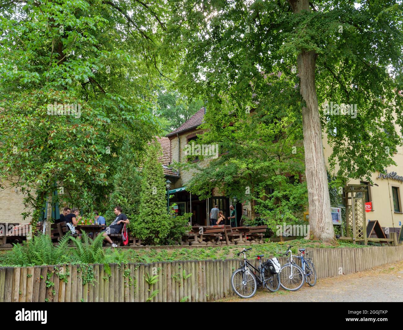 Knollmeyers Mühle, birreria all'aperto, Nettetal, Osnabrück, Osnabrücker Land, Bassa Sassonia, Germania Foto Stock