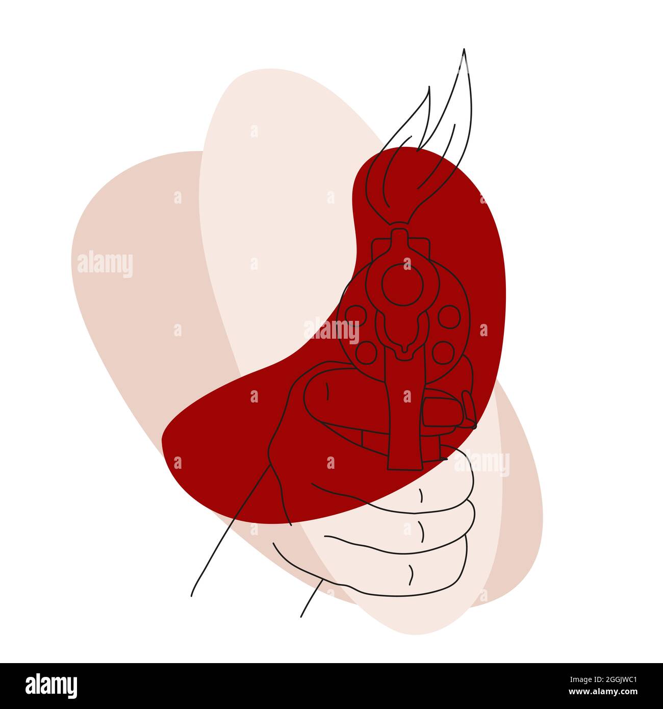 Pistola in mano femminile con fumo da un colpo in linea stile artistico. Illustrazione vettoriale per t-shirt stampata. Illustrazione Vettoriale