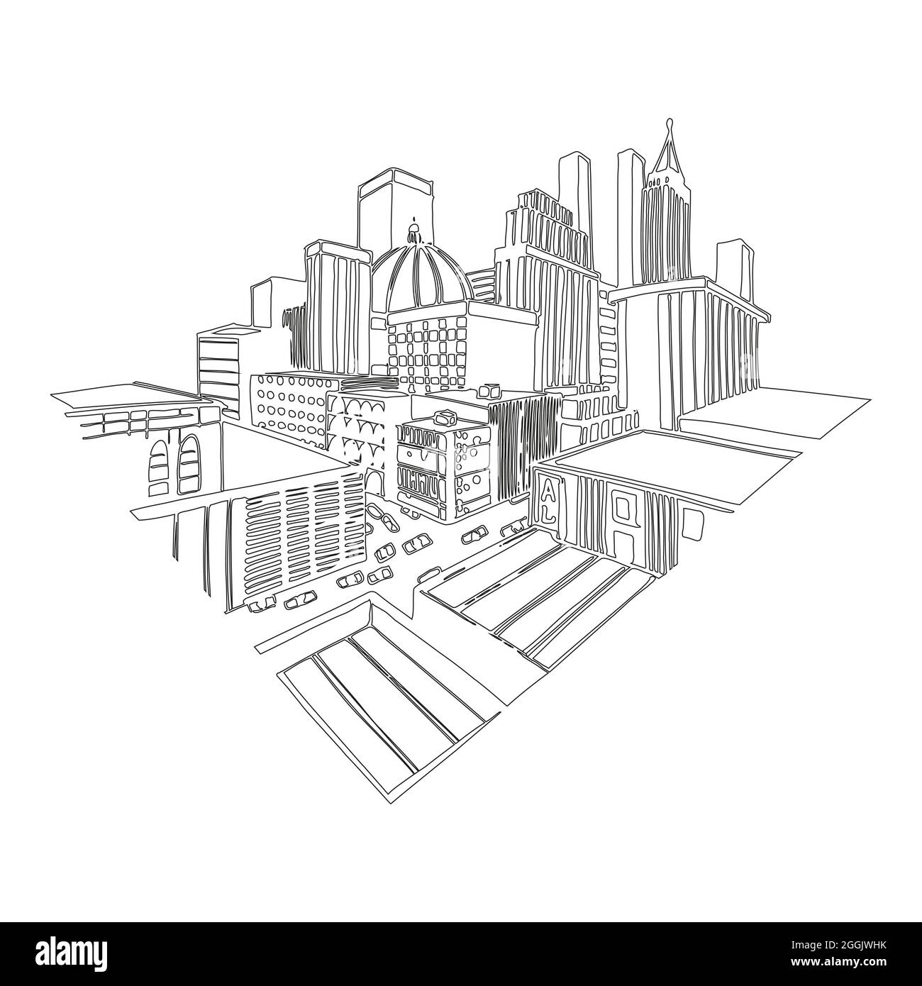Illustrazione vettoriale della città in stile arte lineare. Illustrazione Vettoriale