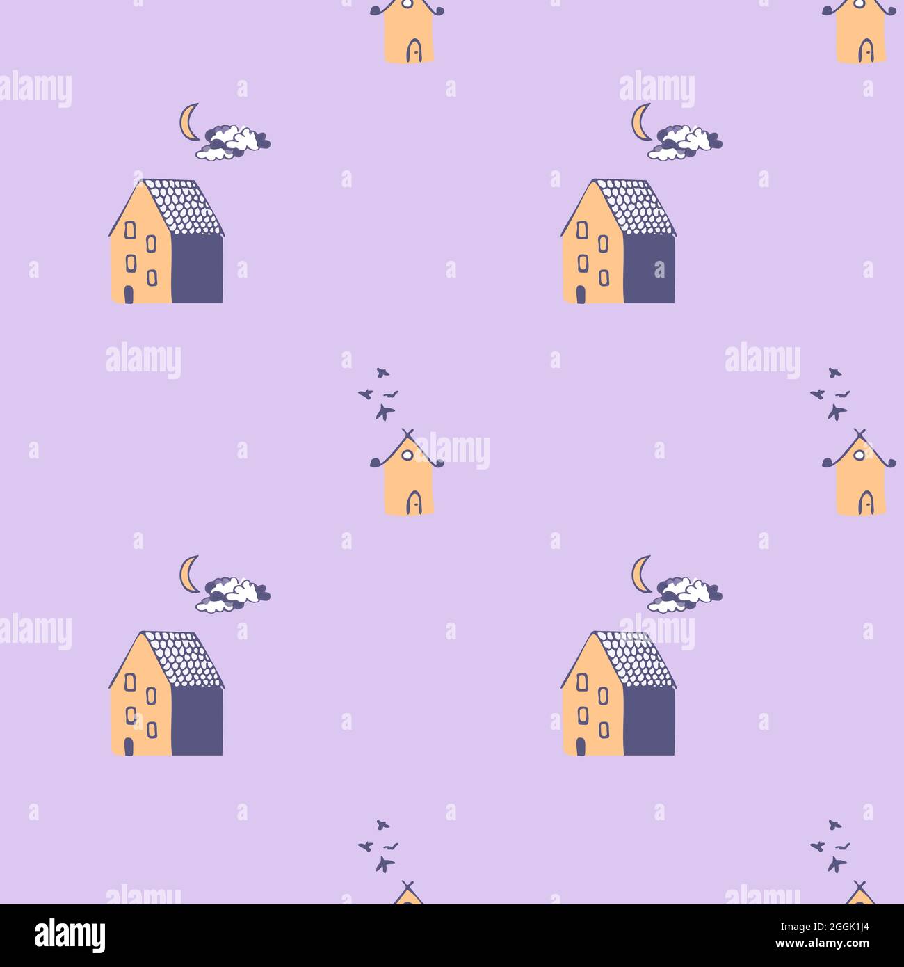 Sfondo grigio con case gialle e blu, luna, nuvole e uccelli. Illustrazione Vettoriale