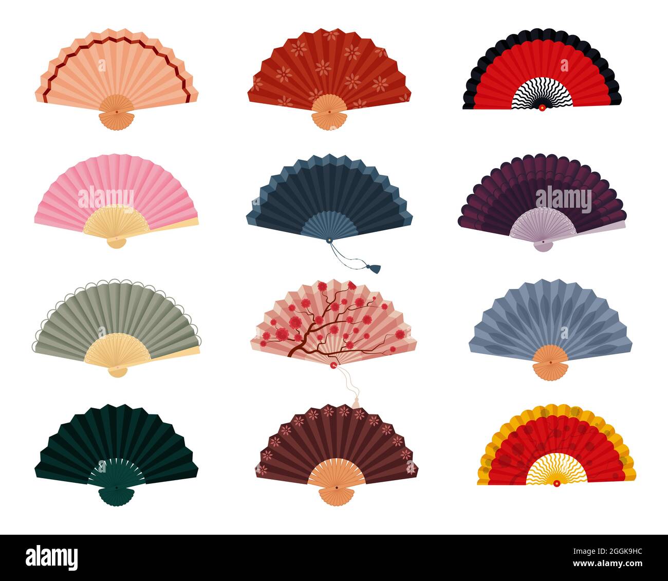 Gruppo ventola manuale. In stile giapponese, spagnolo e cinese a fan. Illustrazione isolata da vettore su sfondo bianco Illustrazione Vettoriale