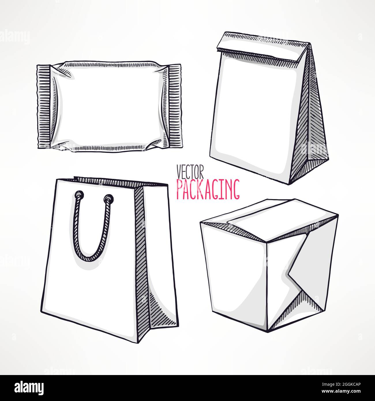set con quattro diversi tipi di imballaggio. Illustrazione disegnata a mano Illustrazione Vettoriale