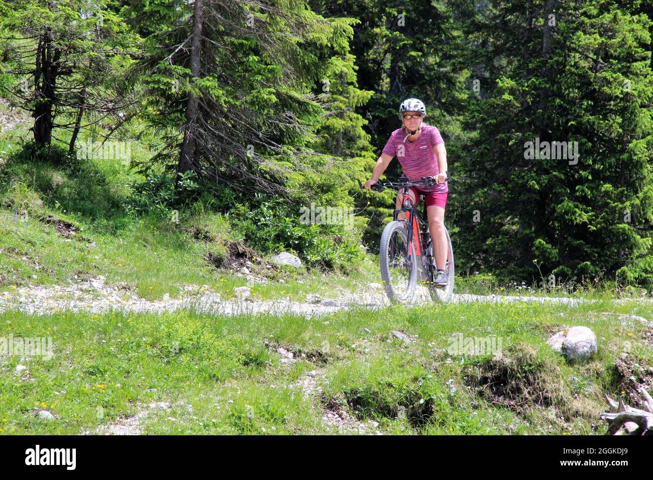 Donna in un tour in bicicletta con mountain bike, ebike, e-bike all'Igelsee nel Gaistal vicino Ehrwald. Austria, Tirolo, Leutasch, Leutaschtal, Gaistal, Catena montuosa, Alpi, Monti Wetterstein Foto Stock