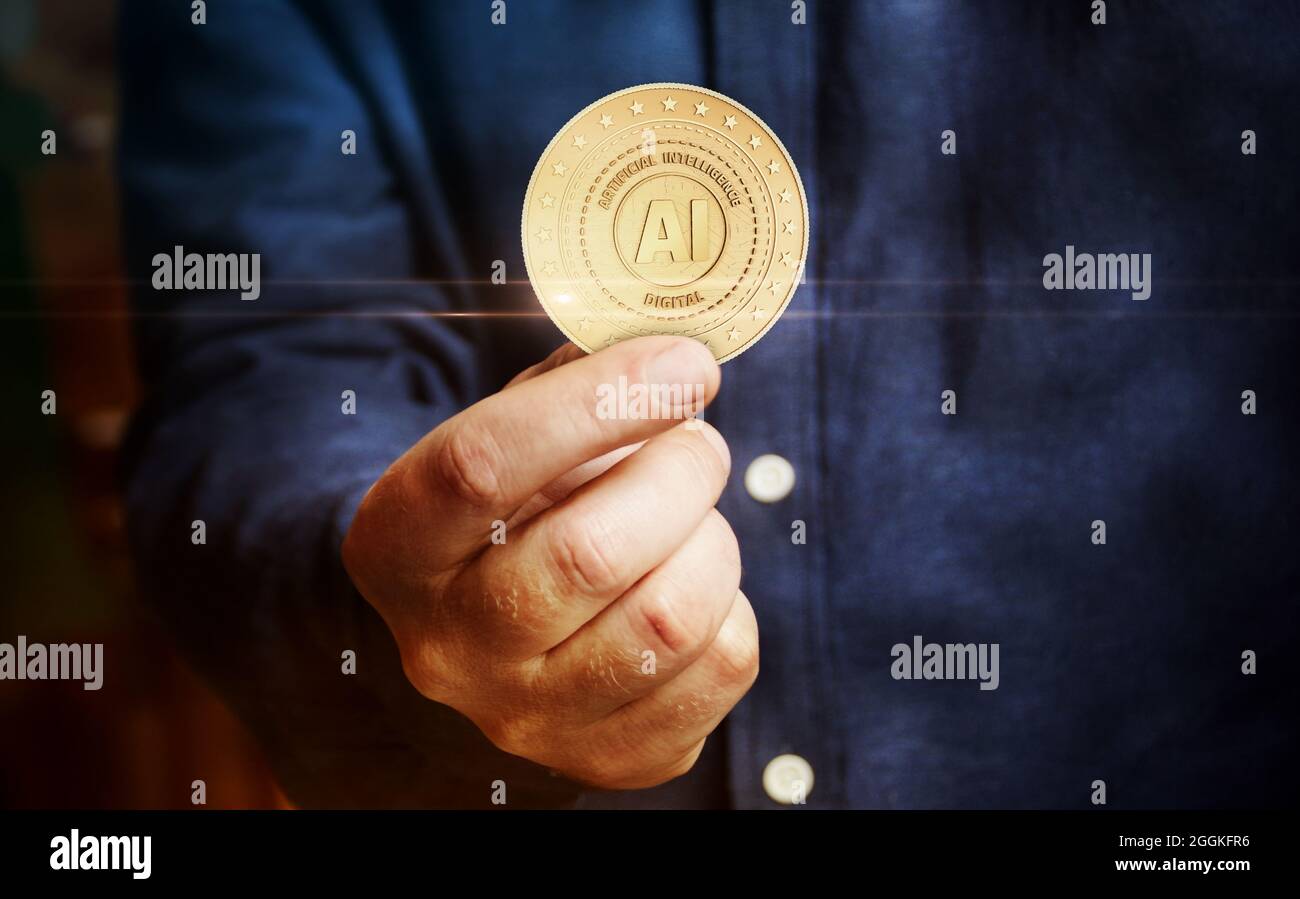 Intelligenza artificiale simbolo di intelligenza artificiale moneta d'oro in mano concetto astratto. Foto Stock