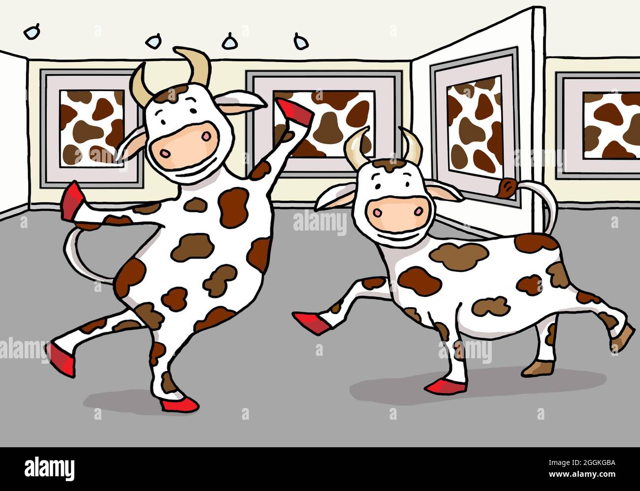 Illustrazione, le mucche danzanti in una galleria Foto Stock