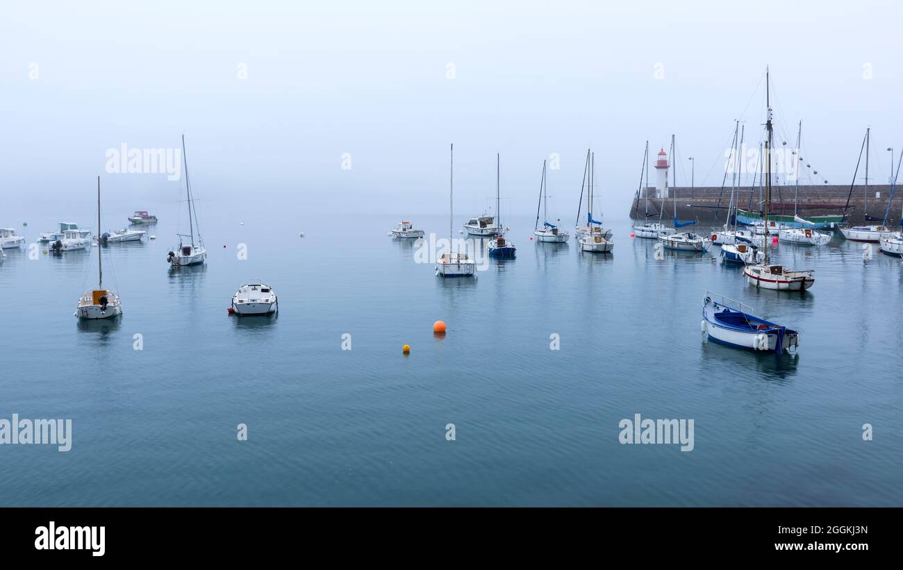 Nebbia umore nel porto di Erquy, sullo sfondo il piccolo faro sul molo, Francia, Bretagna, Département Côtes d´Armor, Côte de Penthièvre Foto Stock