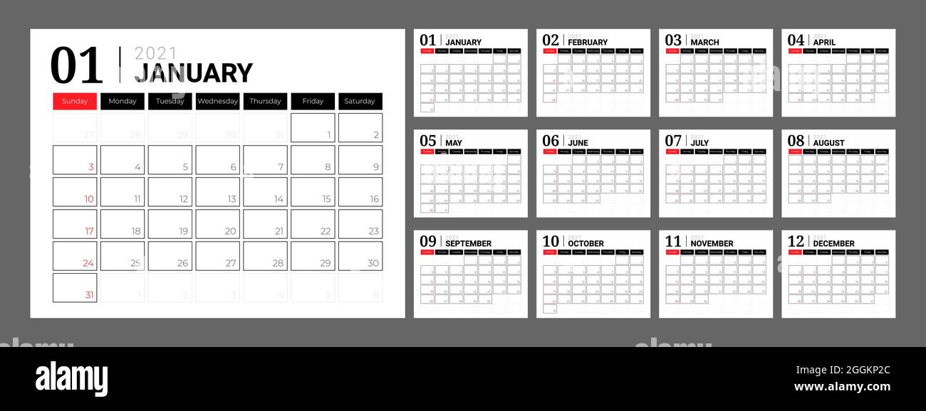 2021 Calendario con Domenica primo giorno della settimana Illustrazione Vettoriale