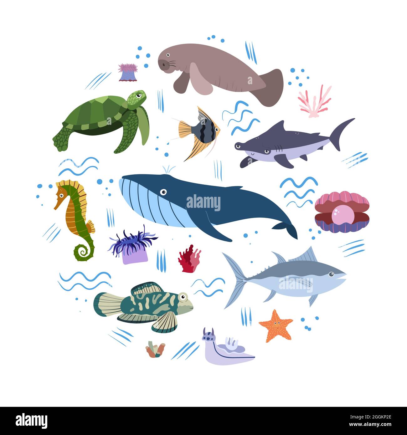 Modello di disegno con animale marino in cerchio per stampa capretto. Composizione rotonda di animali marini, tartaruga e cavallo di mare, balena, tonno e squalo a testa di cetriolo. Set vettoriale di vita subacquea in stile cartoon. Illustrazione Vettoriale