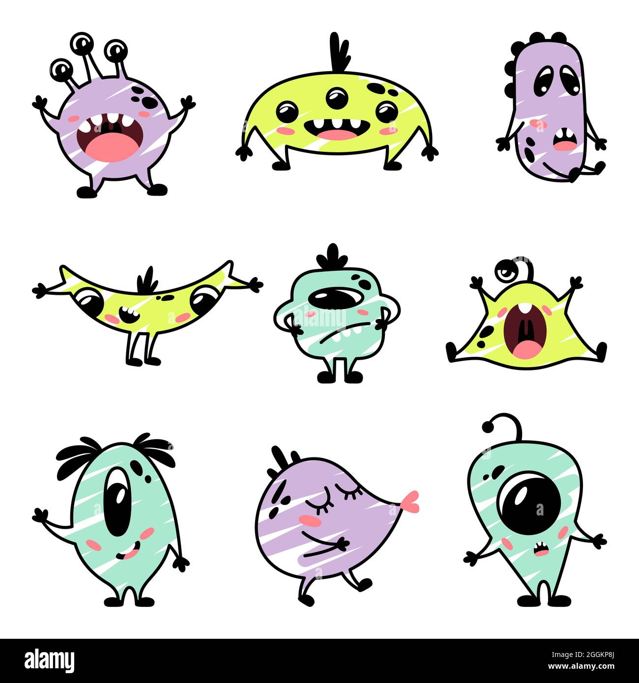 Una serie di divertenti e simpatici mostri cartoni animati. Collezione di fantastici personaggi immaginari per mascotte per i prodotti per bambini. Per la progettazione di imballaggi, pubblicità Illustrazione Vettoriale