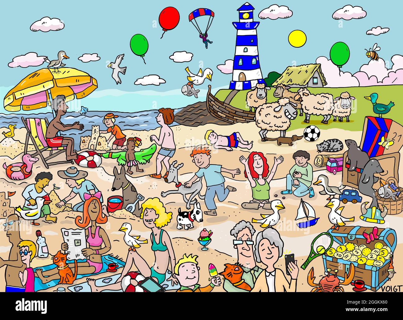 Un oggetto nascosto con persone e animali sulla spiaggia. Vacanze estive al mare. Foto Stock