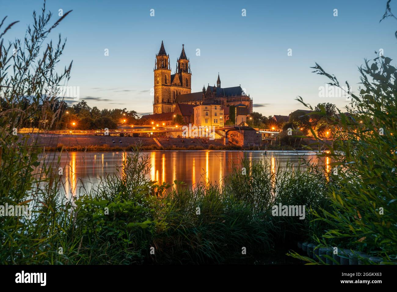 Germania, Sassonia-Anhalt, Magdeburg, Cattedrale di Magdeburg in estate, letto del fiume dell'Elba, passeggiata sull'Elba Foto Stock