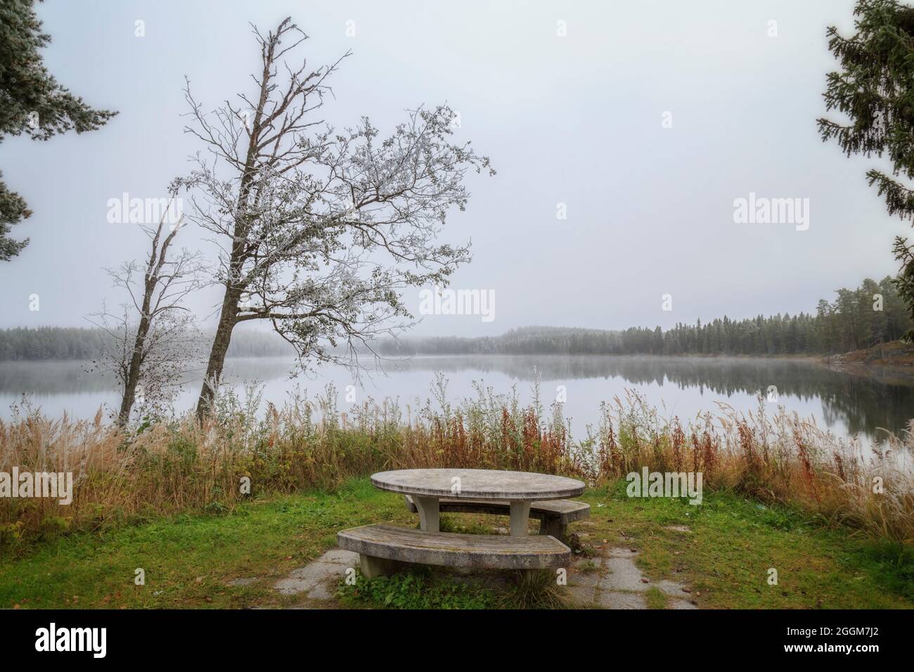 Panca con tavolo è in piedi accanto a un lago Foto Stock