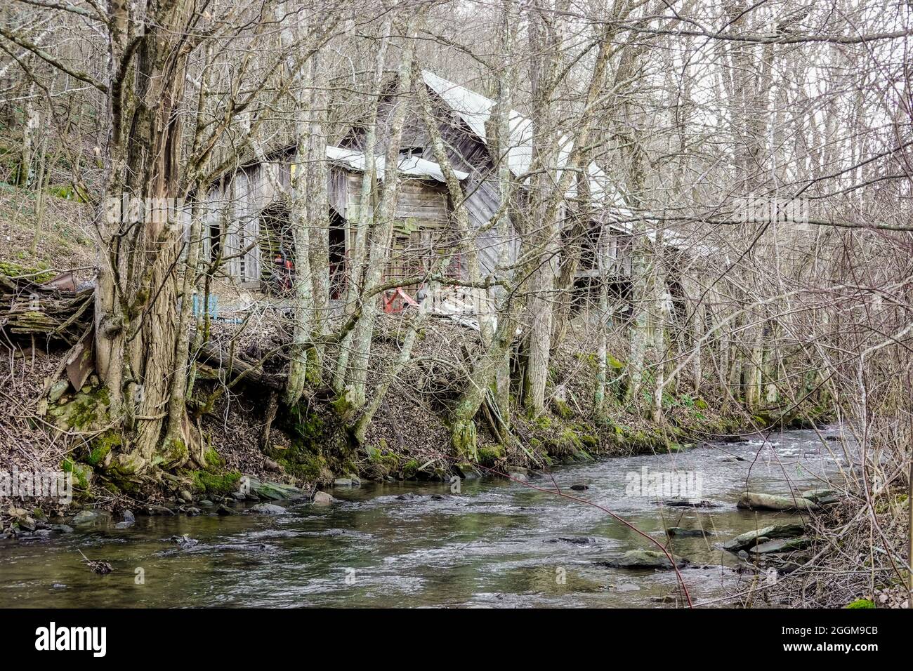 Un fienile rustico su Elk Creek a Todd, Carolina del Nord. Foto Stock