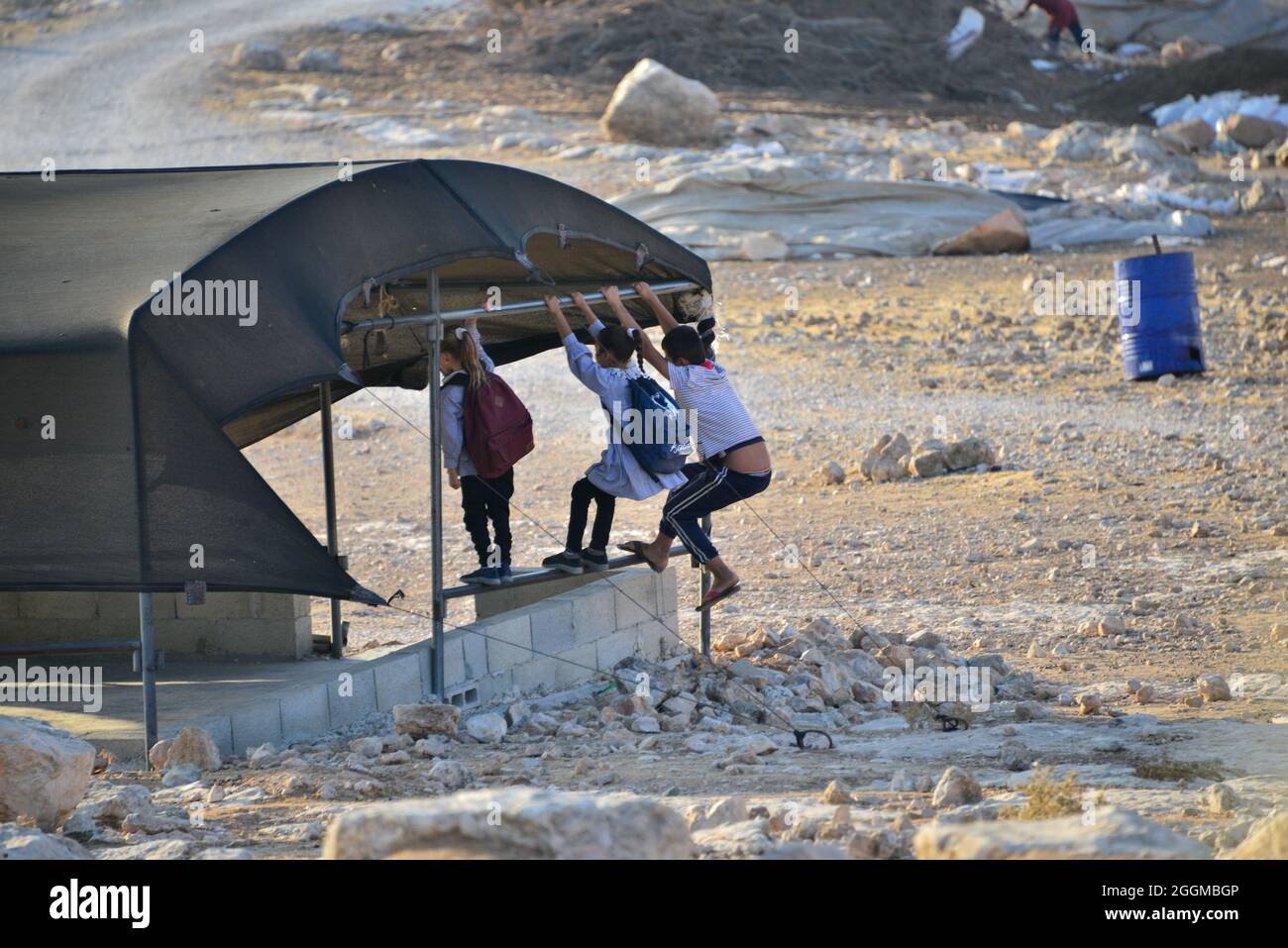 Dal 2004 i bambini del villaggio di Tuba stanno andando a scuola nel vicino villaggio di AT-Tuwani, 2.6 km di distanza - mentre sono stati condotti da un attivista ebraico e un veicolo delle forze di difesa israeliane per proteggerli dagli attacchi violenti da parte dei coloni ebrei religiosi dall'avamposto illegale di Maon Farm, che si trova sul loro cammino verso la scuola. Palestina / Israele, a sud di Hebron. 31 agosto 2021. (Foto di Matan Golan/Alamy Live News) Foto Stock