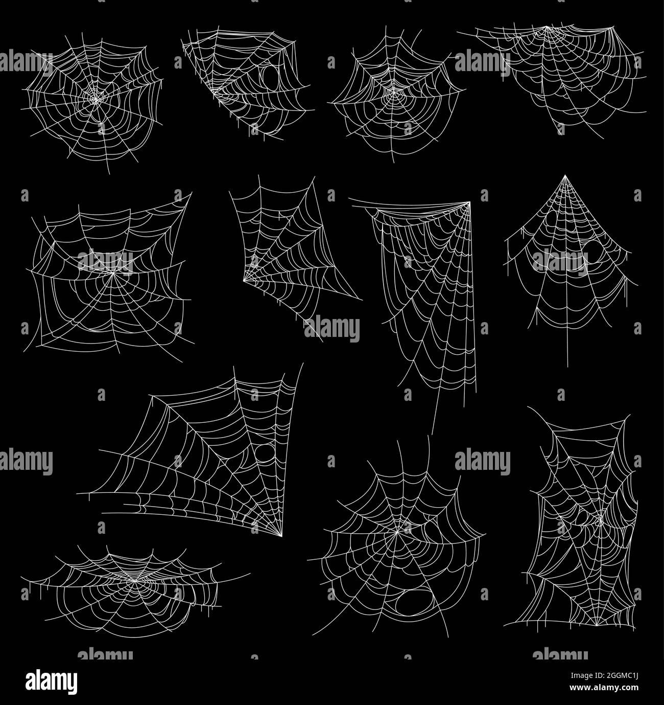 Halloween web, spiderweb o cobbweb vettore set. Reti a ragno horror con angolo bianco, nastri circolari e a spirale, reti a filo creepy e trappole per insetti Illustrazione Vettoriale