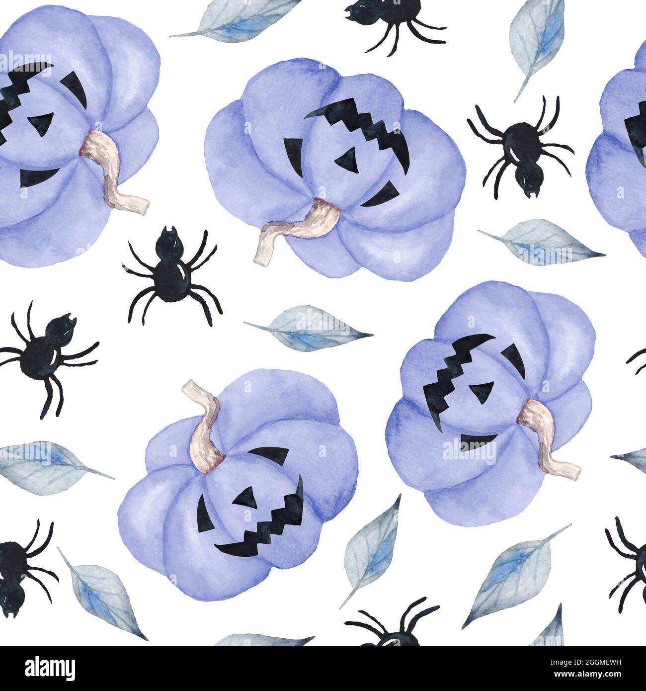 Acquerello disegnato a mano motivo senza cuciture di Halloween autunno pastello zucche blu molle con ragni grigio elementi floreali. Horror goth carte gotiche, invito, Halloween design, stampe. Cute pittura kawaii per ragazze Foto Stock