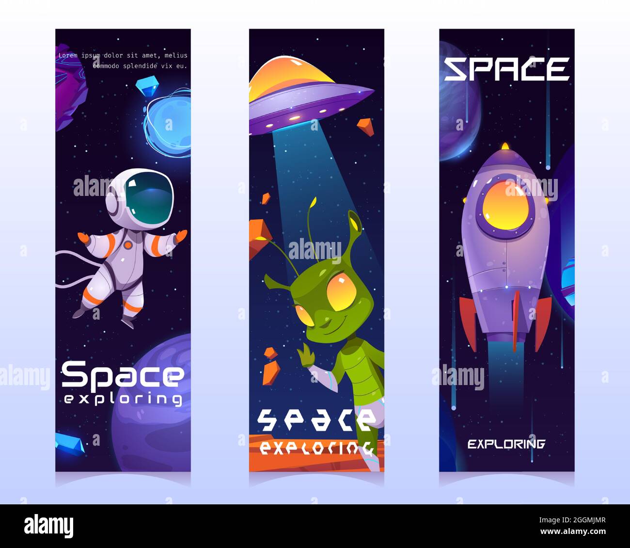 Spazio esplorando cartoni animati banner verticali, alieno simpatico amichevole, ufo piatter, astronauta, pianeti, razzo o navetta in galassia. Fantasy sfondi cosmici con oggetti Universe, illustrazione vettoriale, set Illustrazione Vettoriale