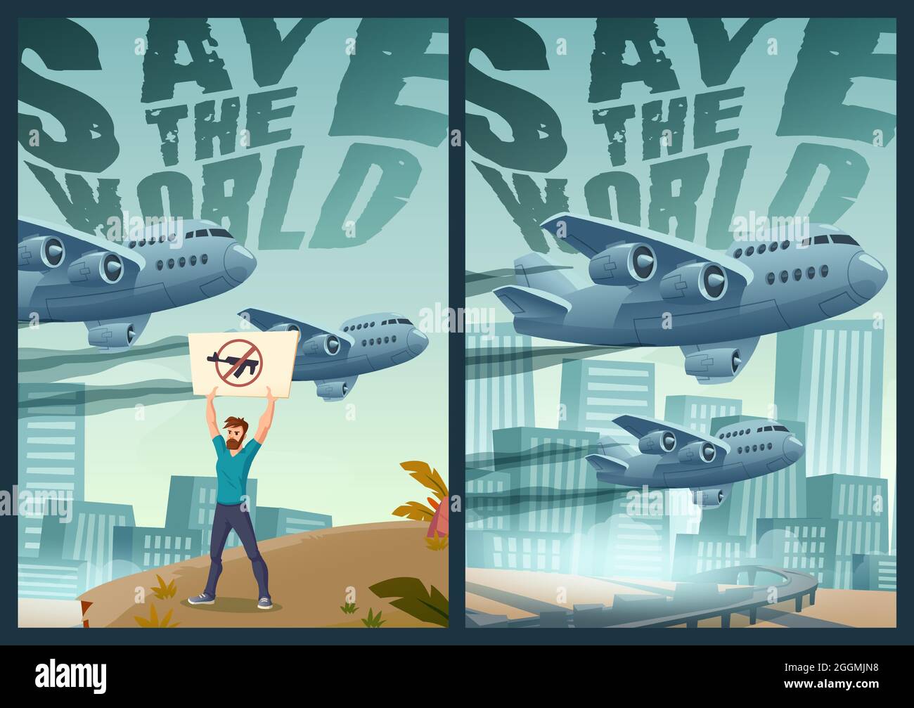 Salva il mondo cartoni animati poster, uomo dimostratore con bandiera a pistola incrociata stand alone su sfondo urbano con aerei militari che volano in cielo stellato, sommossa o protesta contro la guerra illustrazione vettoriale Illustrazione Vettoriale