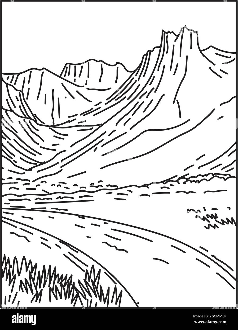 Mono linea illustrazione d'arte di Gates del Parco Nazionale Artico e riserva nella gamma di Brooks dell'Alaska settentrionale, Stati Uniti fatto in retro nero e wh Illustrazione Vettoriale