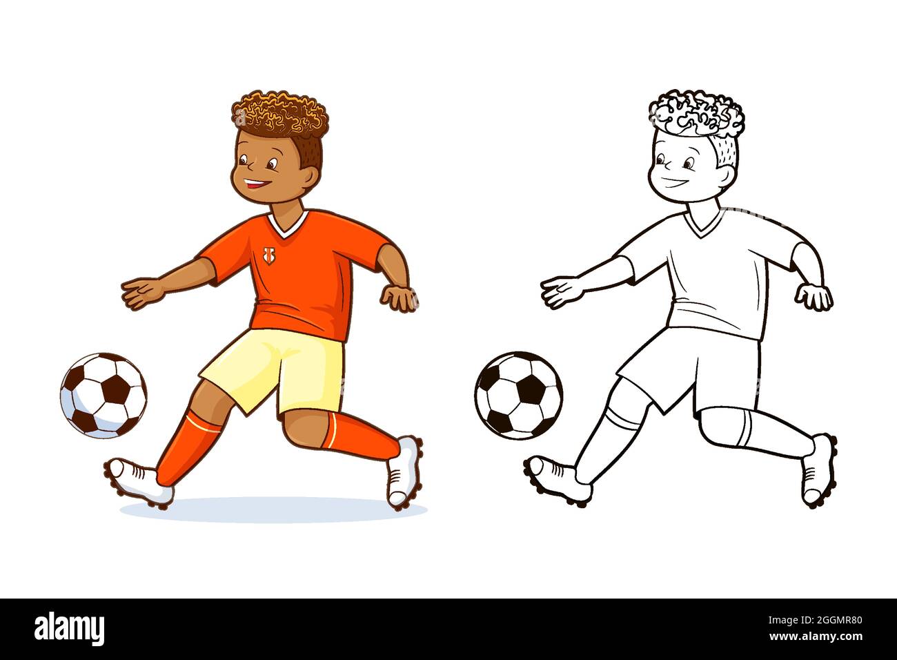Colorare libro, Teenage calciatori calcio calci palla di calcio.Vector illustrazione in stile cartoon piatto, fumetto Illustrazione Vettoriale
