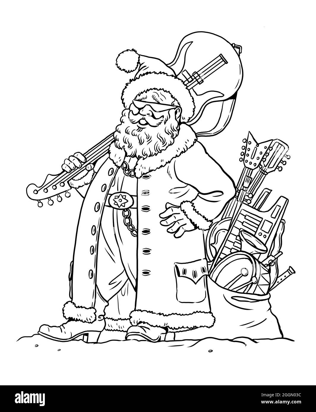 Funny Babbo Natale rocker. Santa il musicista. Felice Anno Nuovo. Modello di Natale per la colorazione. Foto Stock