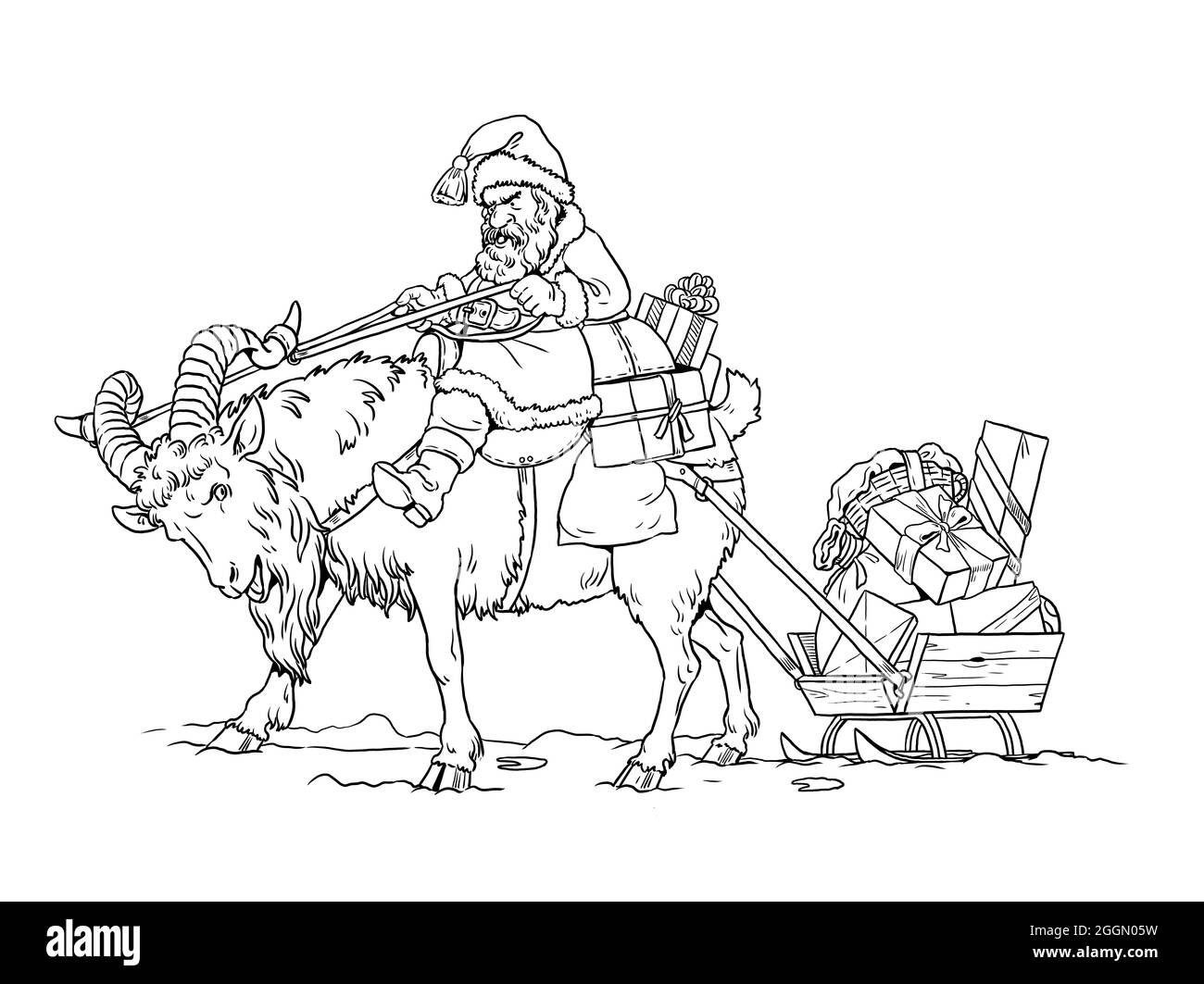 Creatura mitologica del folklore nordico - Nisse. Felice Anno Nuovo. Modello di Natale per la colorazione. Foto Stock