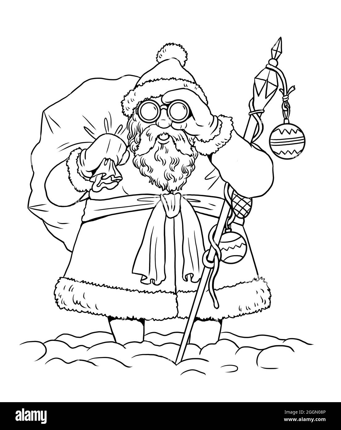 Divertente Babbo Natale con binocolo. Felice Anno Nuovo. Modello di Natale per la colorazione. Foto Stock