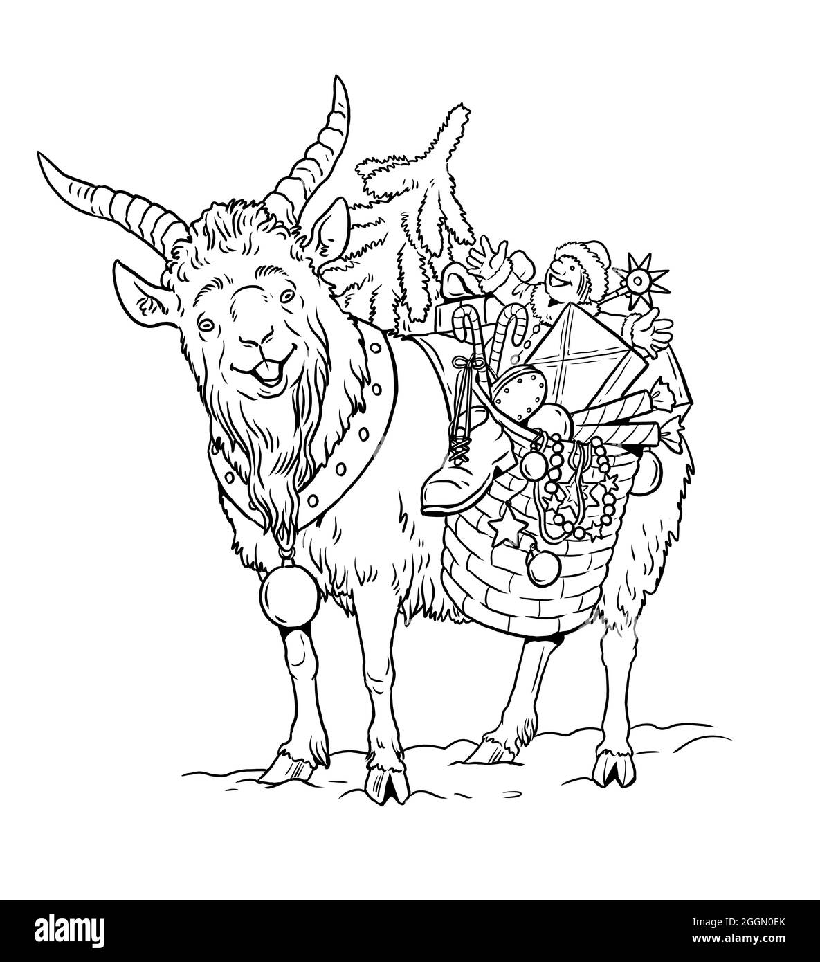 La capra Yule - simbolo di Natale scandinavo. Felice Anno Nuovo. Modello di Natale per la colorazione. Foto Stock