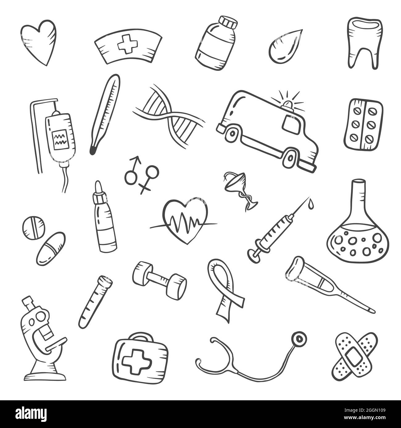 settore sanitario concept doodle raccolte di set disegnati a mano con disegno vettoriale in bianco e nero Foto Stock