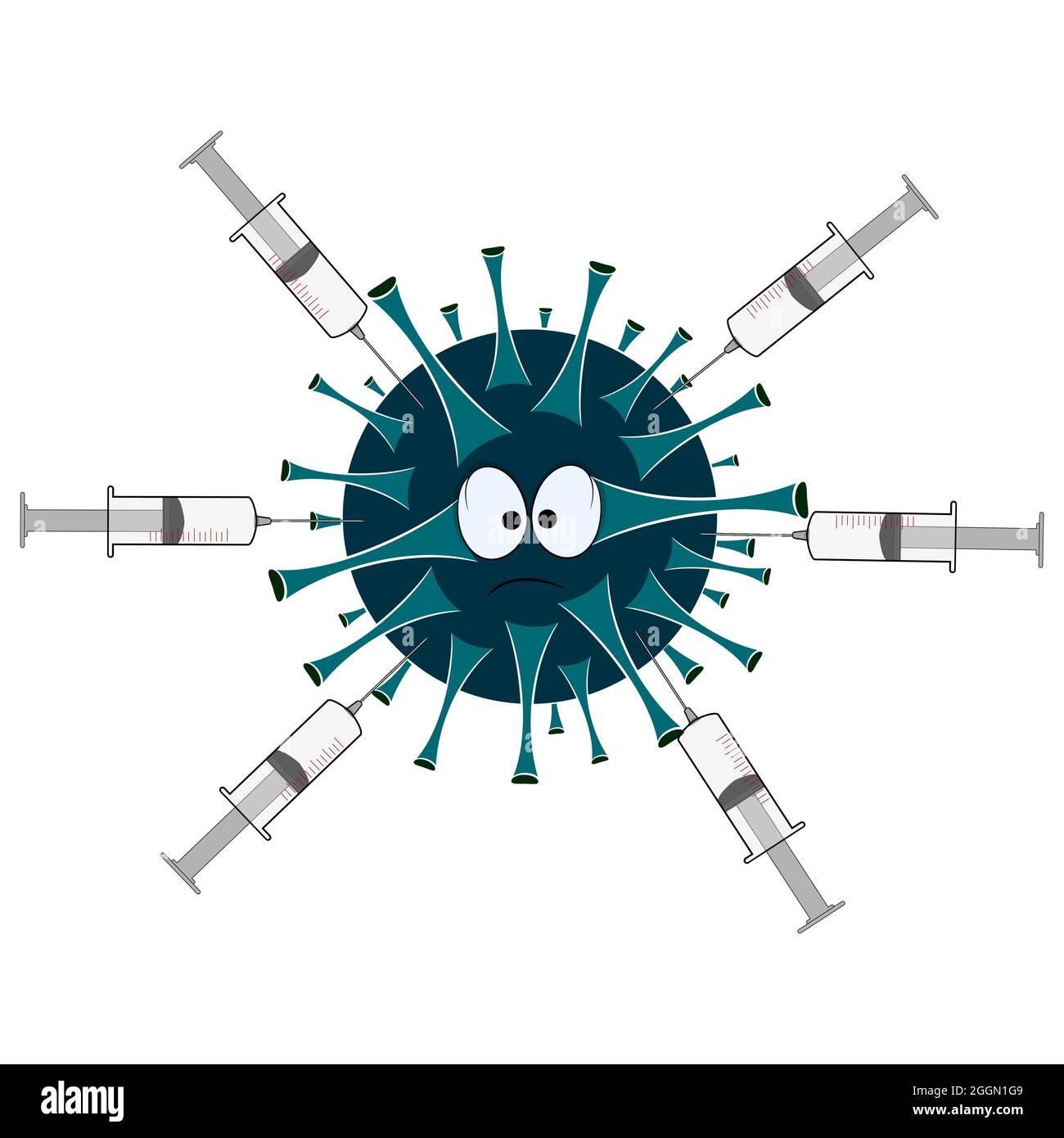 Un virus. Un personaggio cartoon. Una siringa e un'iniezione. Vaccinazione. Illustrazione vettoriale. Illustrazione Vettoriale