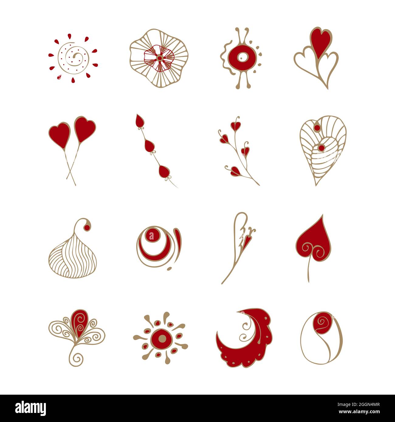 Adesivi icone AMORE Doodle cuori fiori rosso e oro per San Valentino, disegno a mano. Isolato, sfondo bianco. Elementi di progettazione. Illustrazione vettoriale Illustrazione Vettoriale