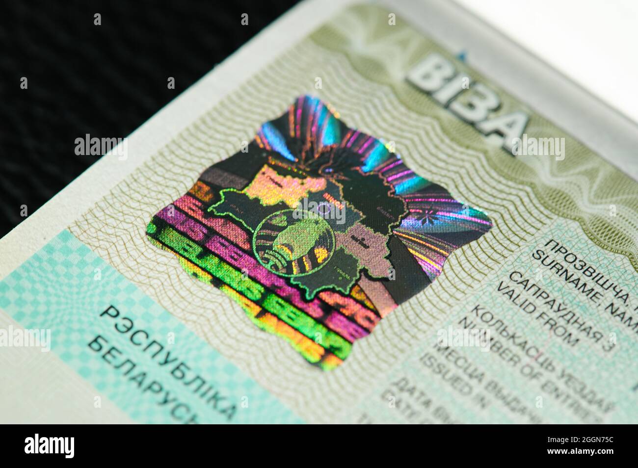 Colorato Bielorussia visto timbro sul passaporto macro vista ravvicinata Foto Stock