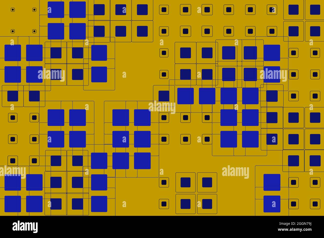Sfondo astratto. Modello con forme quadrate. Grafica blu su giallo. Illustrazione digitale del rendering 2D. Illustrazione Vettoriale
